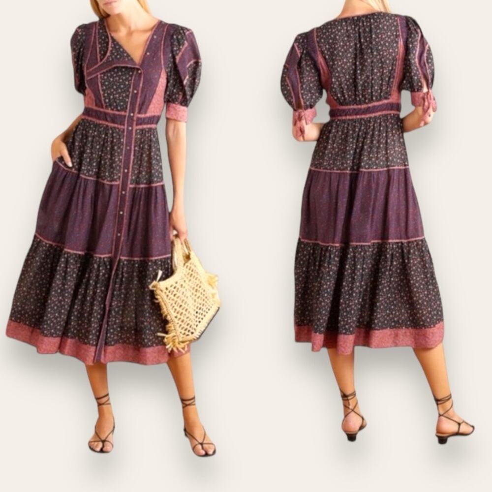 Ulla Johnson Verona Tiered Floral Patchwork Button Midi Dress Auburn 0 Women’s